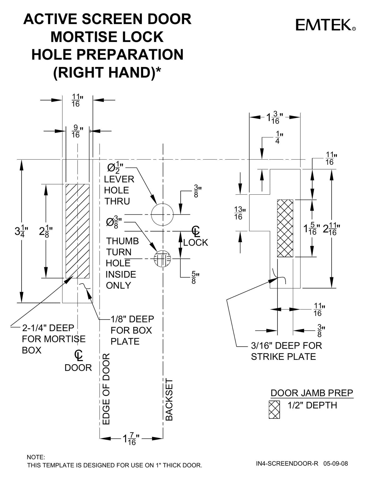 Emtek 2291 right-hand screen door mortise lock preparation template