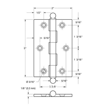 3x2 Solid Brass Hinge - US3NL - Unlacquered Bright Brass