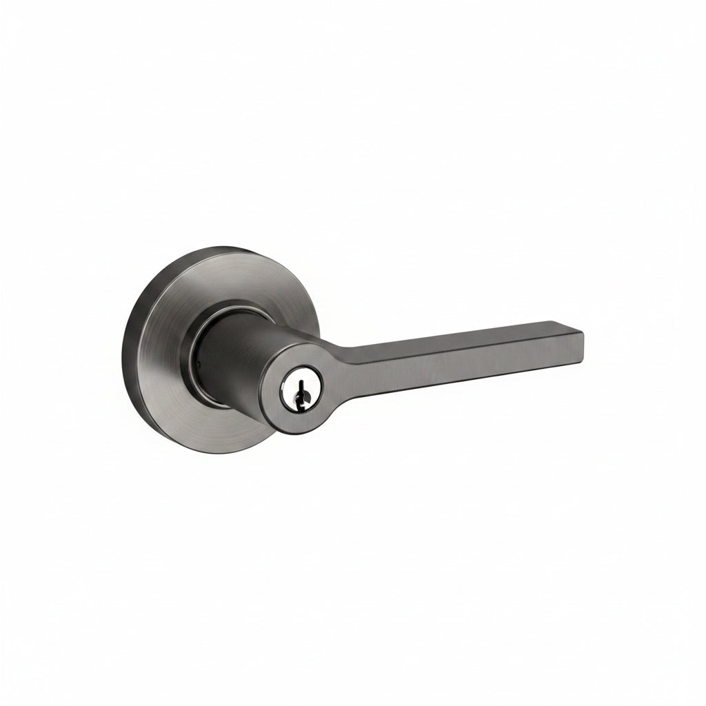A modern lever door handle with a matte dark gray finish, featuring a round satin-brushed backplate and a keyhole with a black center insert, shown on a plain white background.