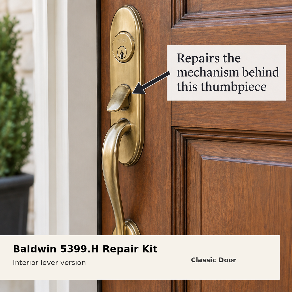 Baldwin 5399.H repair kit — exterior thumbpiece and the mechanism this kit repairs