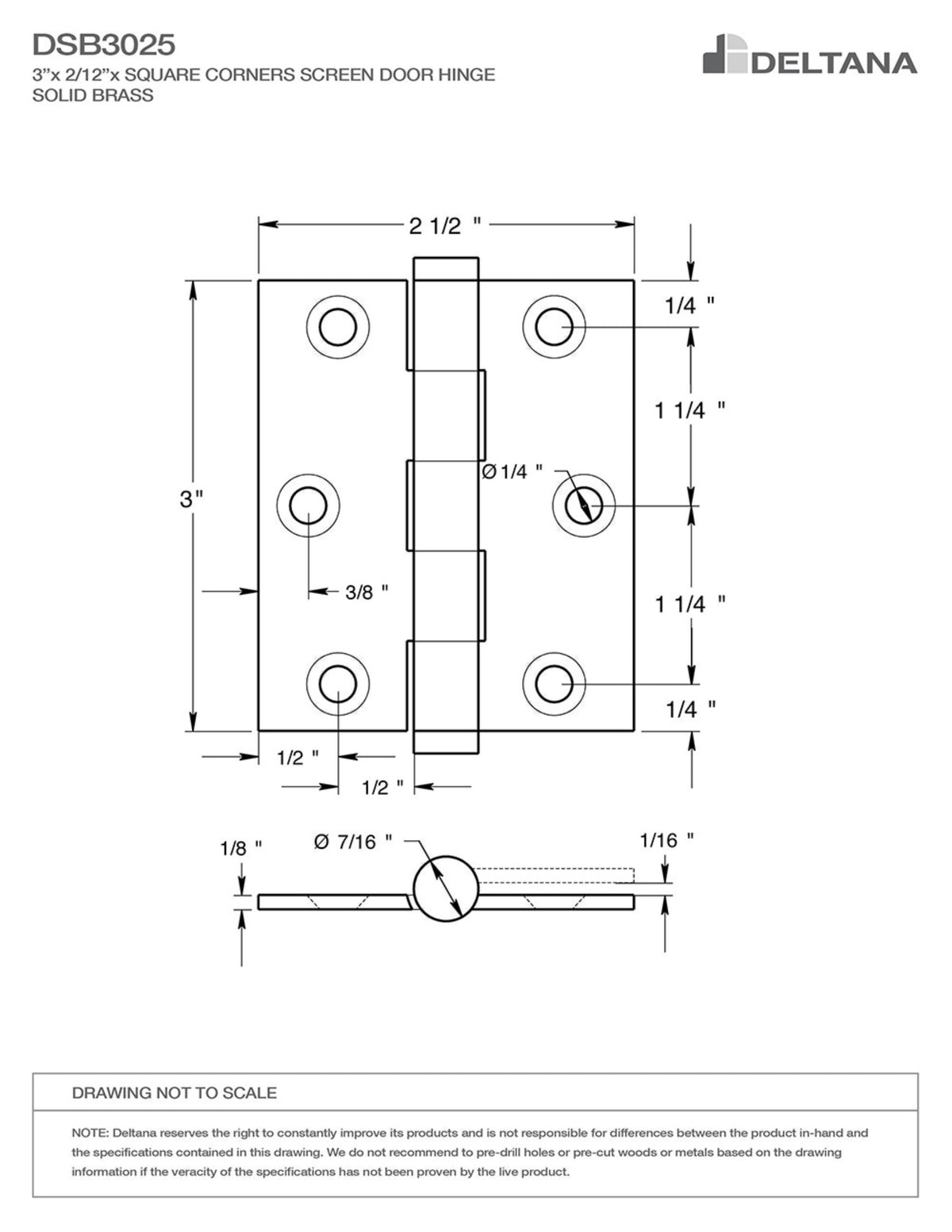 Deltana DSB3025 3 inch by 2-1/2 inch screen door hinge dimensions diagram