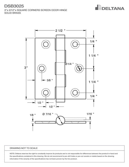 Deltana DSB3025 3 inch by 2-1/2 inch screen door hinge dimensions diagram