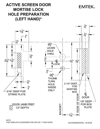 Emtek 2291 left-hand screen door mortise lock preparation template