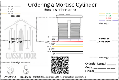 Mortise cylinder measurement and ordering guide showing cylinder length, door thickness, keyway, finish, and key-code information.