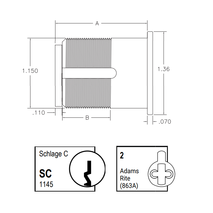 Mortise Cylinder | Schlage C Keyway with Adams Rite Cam - 7155: 15/16 in. (23.8 mm) (5 Pin)